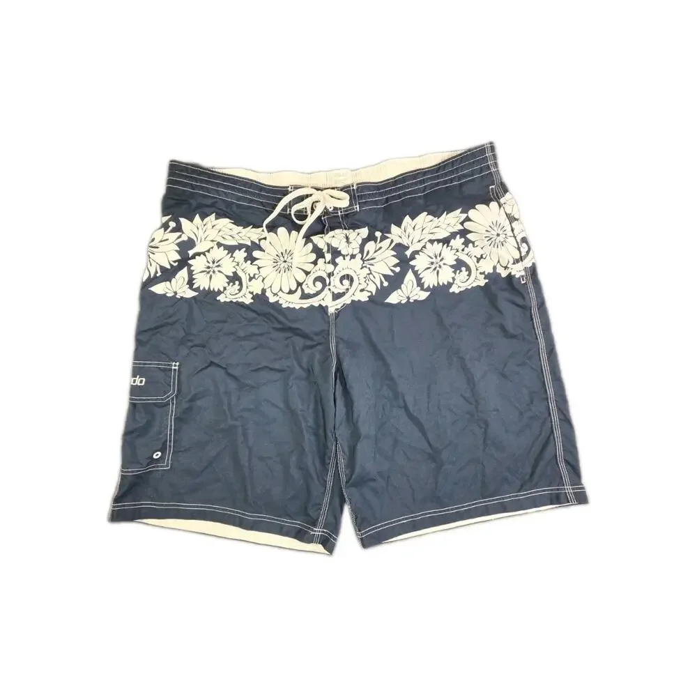 SPEEDO Men's Board Shorts Swim Sz XXL Pockets Drawstring Blue White Floral C40